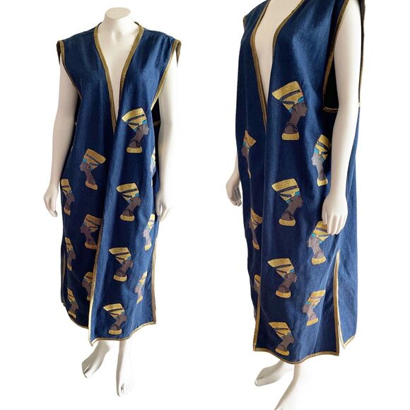 Molato Egyptian Vintage Long Denim Vest Gold Embroidered Statement Piece - Picture 1 of 14